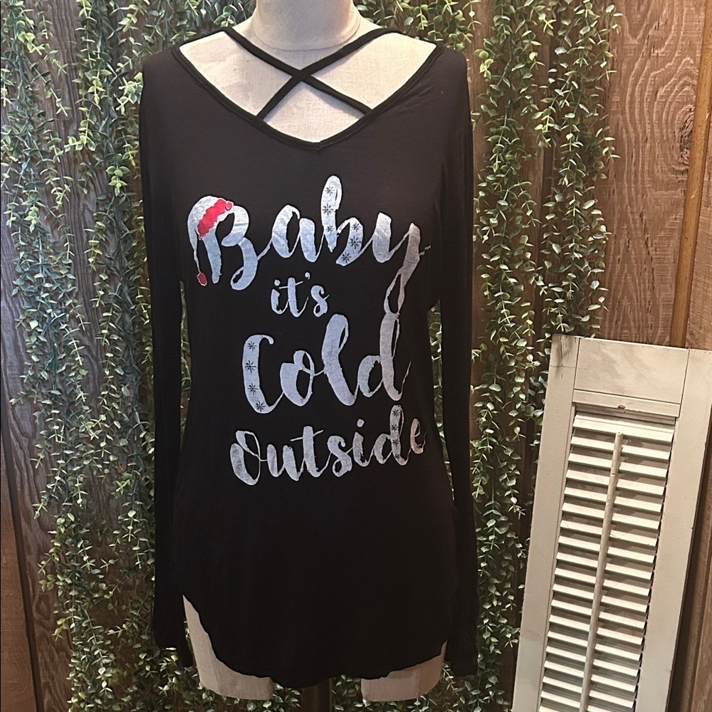 Black Long Sleeve Top with Festive Print